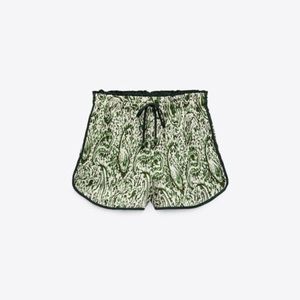 NWT ZARA PRINTED SATIN EFFECT SHORTS  Ecru / Green
